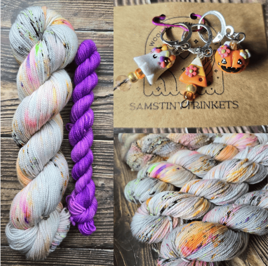 A blue/grey skein with flourescent and black speckles, a purple mini and a set of stitch markers ( a ghost, pumpkin, and candy corn with fun disco colors and flowers on them).